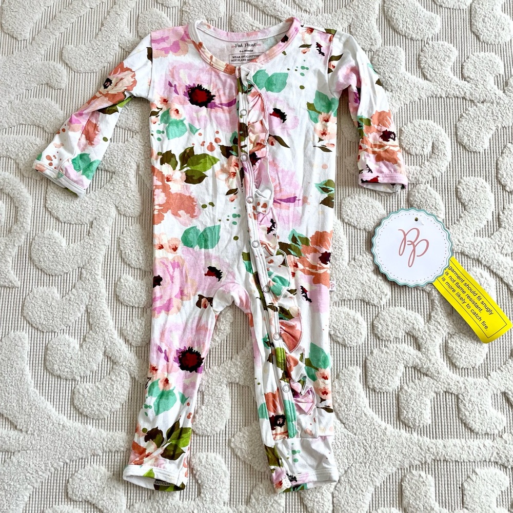 Posh Peanut Winter Peony long sleeve ruffled romper 6-9M NWT!